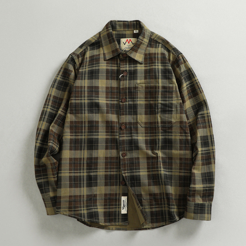 Heavy and thick washed distressed trendy plaid long-sleeved shirt men's simple pocket American casual overshirt