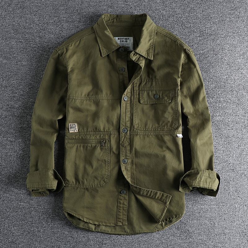 Heavy Washed Distressed Retro Simple Men's Work Shirt Long-sleeved Three-dimensional Cut Loose All-match Fashionable Youth Jacket