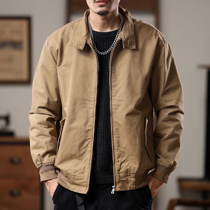 American retro Harrington jacket men's spring and autumn pure cotton washed overalls jacket loose lapel casual top