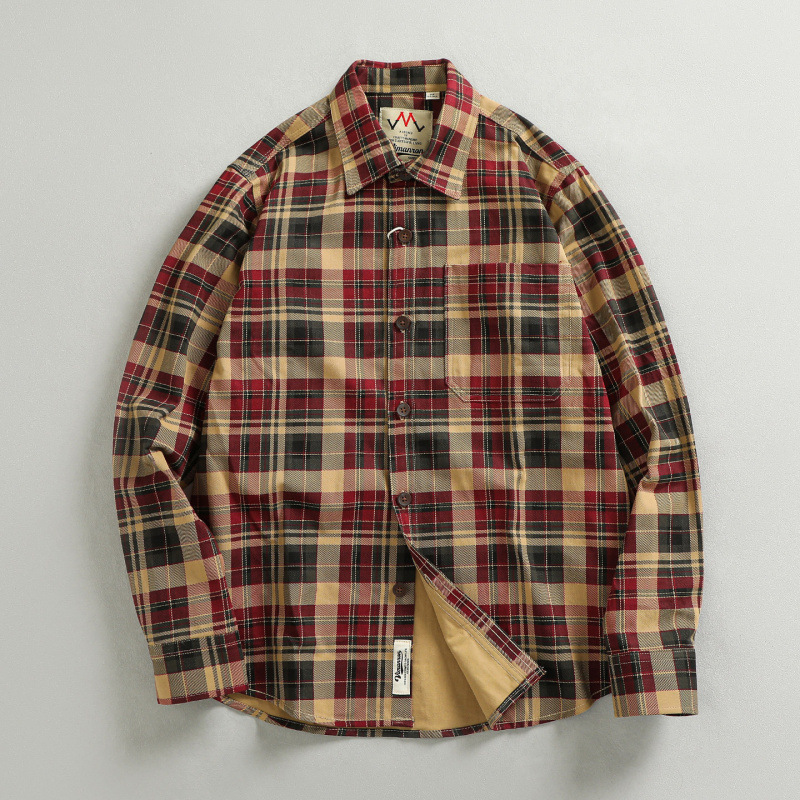 Heavy and thick washed distressed trendy plaid long-sleeved shirt men's simple pocket American casual overshirt