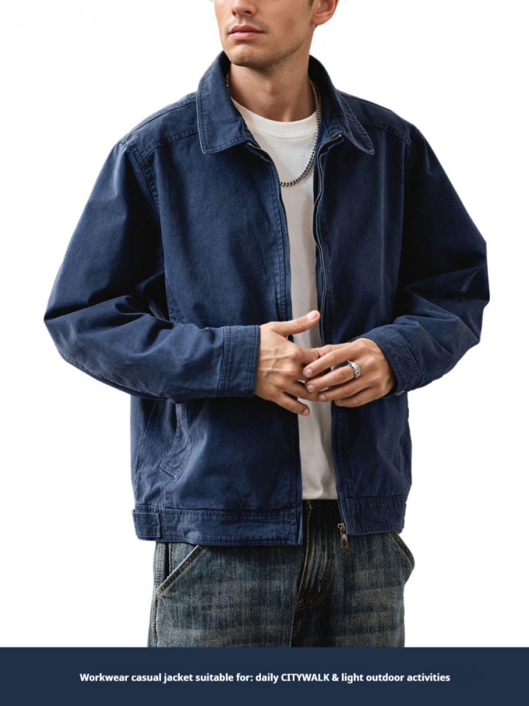 Retro worn looking washed-out workwear jacket men's loose lapels casual jacket spring and autumn solid color versatile top