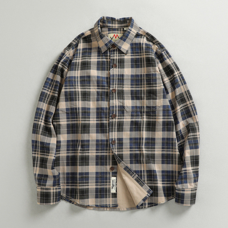 Heavy and thick washed distressed trendy plaid long-sleeved shirt men's simple pocket American casual overshirt