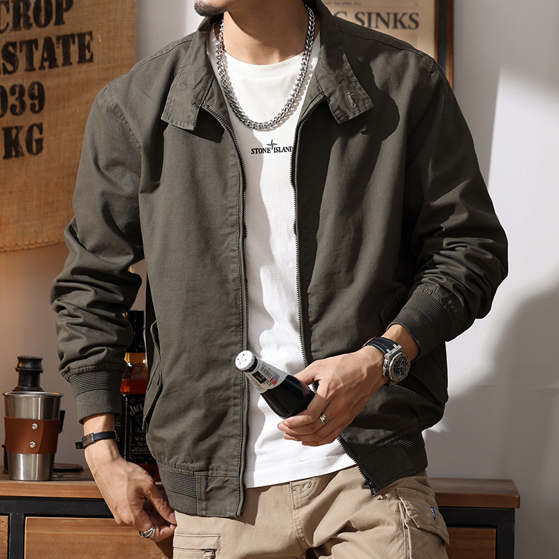 American retro Harrington jacket men's spring and autumn pure cotton washed overalls jacket loose lapel casual top