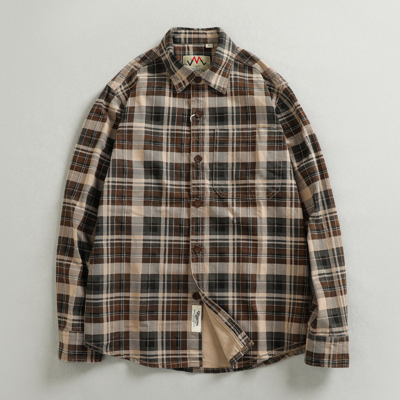 Heavy and thick washed distressed trendy plaid long-sleeved shirt men's simple pocket American casual overshirt