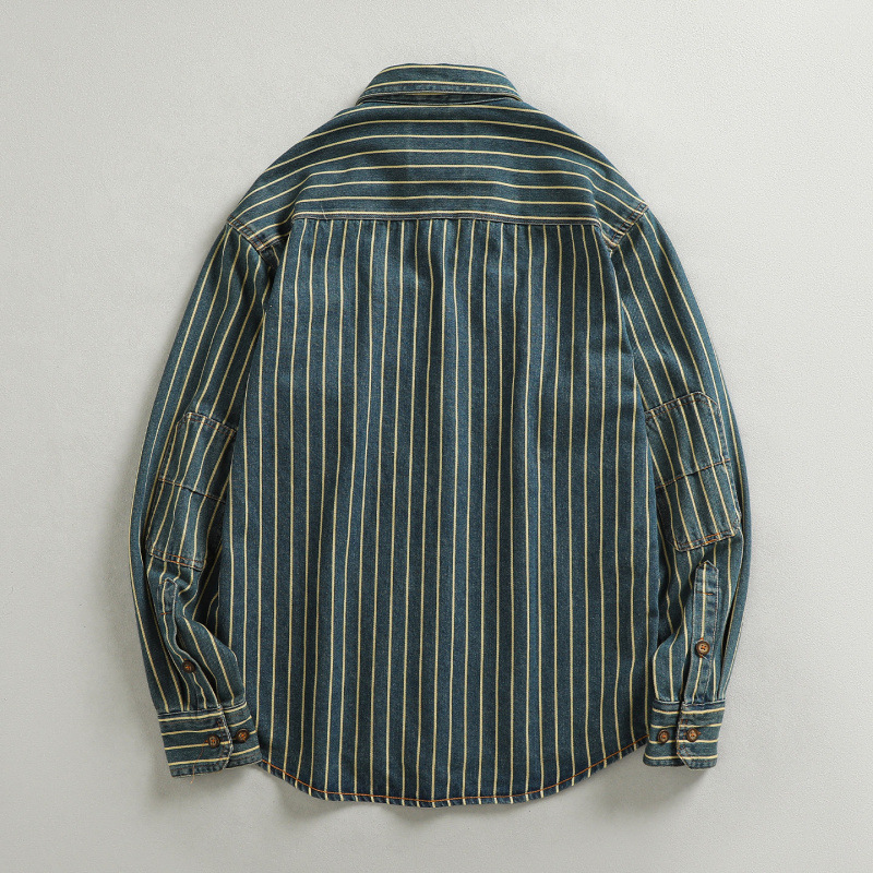 Heavy washed retro blue striped denim shirt men's amekaji trendy thick shirt coat top