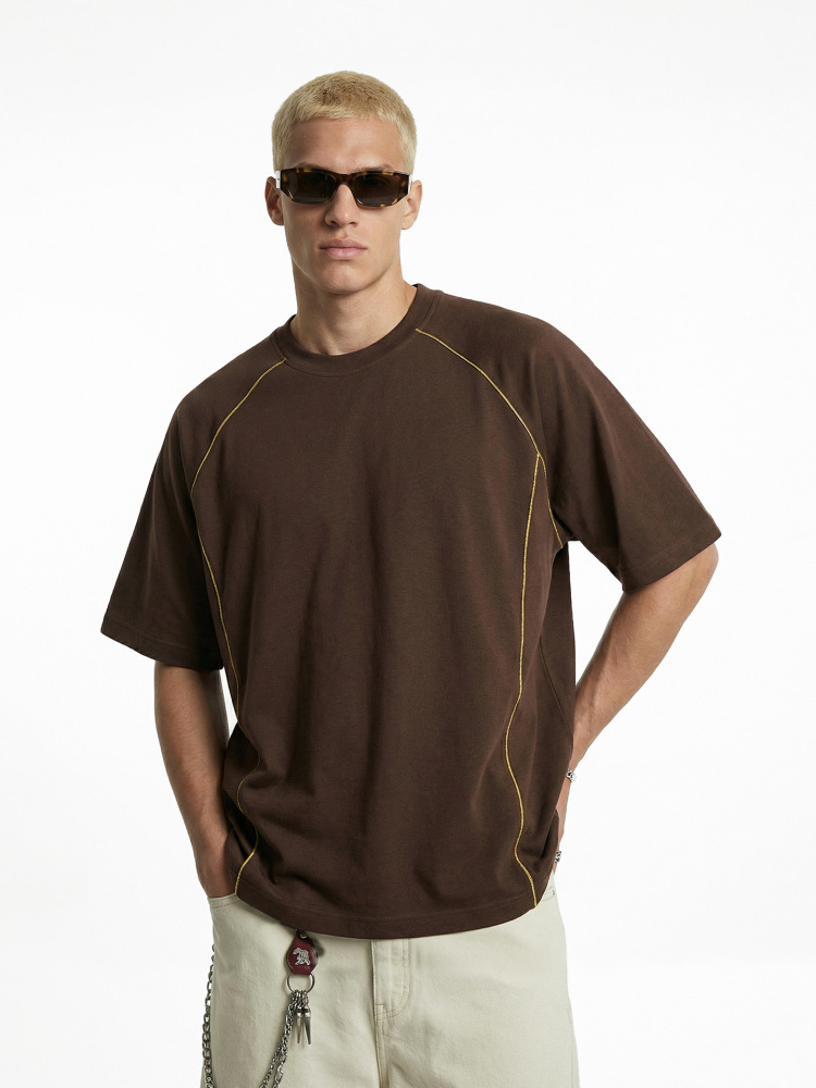 GorgeousBen Men’s Modal Cotton Blend Contrast Stitch T-Shirt, American Streetwear Loose Fit Casual Short Sleeve Tee for Summer, Sizes M-L-XL
