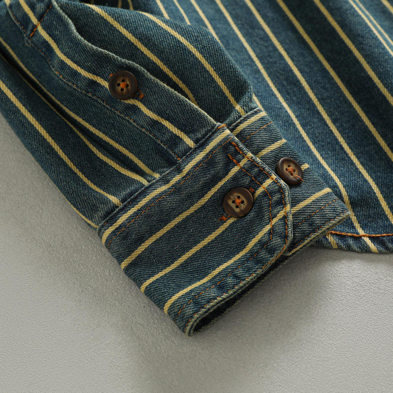 Heavy washed retro blue striped denim shirt men's amekaji trendy thick shirt coat top