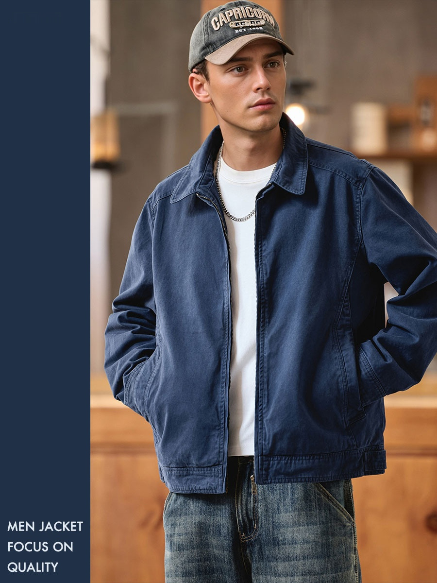 Retro worn looking washed-out workwear jacket men's loose lapels casual jacket spring and autumn solid color versatile top
