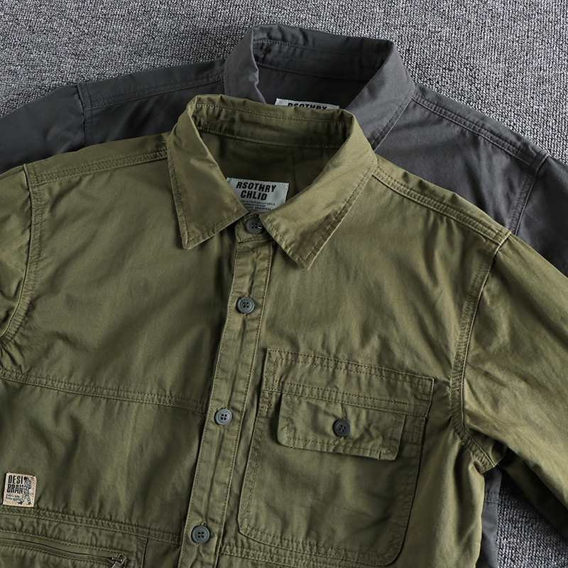 Heavy Washed Distressed Retro Simple Men's Work Shirt Long-sleeved Three-dimensional Cut Loose All-match Fashionable Youth Jacket