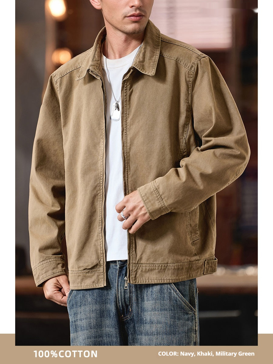 Retro worn looking washed-out workwear jacket men's loose lapels casual jacket spring and autumn solid color versatile top