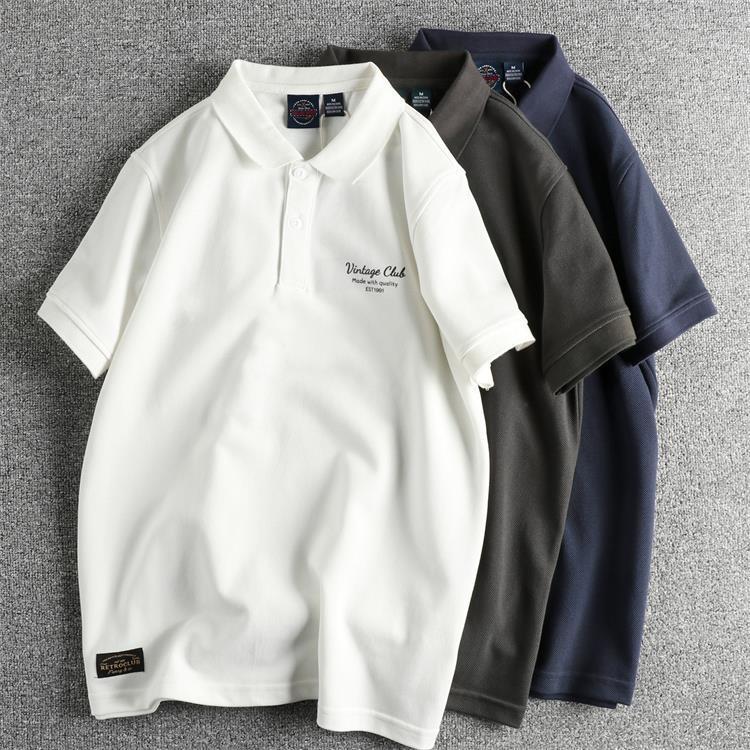280G pearl cotton fabric British retro trend men's polo shirt stiff youth lapel short sleeve T-shirt