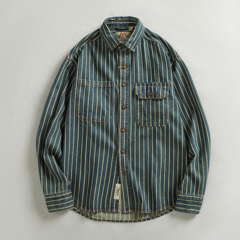 Heavy washed retro blue striped denim shirt men's amekaji trendy thick shirt coat top
