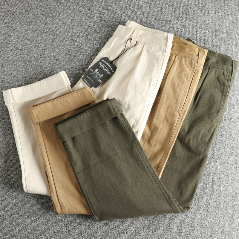 Fishbone Pattern Woven Cotton Fabric Pleated Design Retro Trendy Men's Casual Pants Loose Straight Trendy Cargo Pants