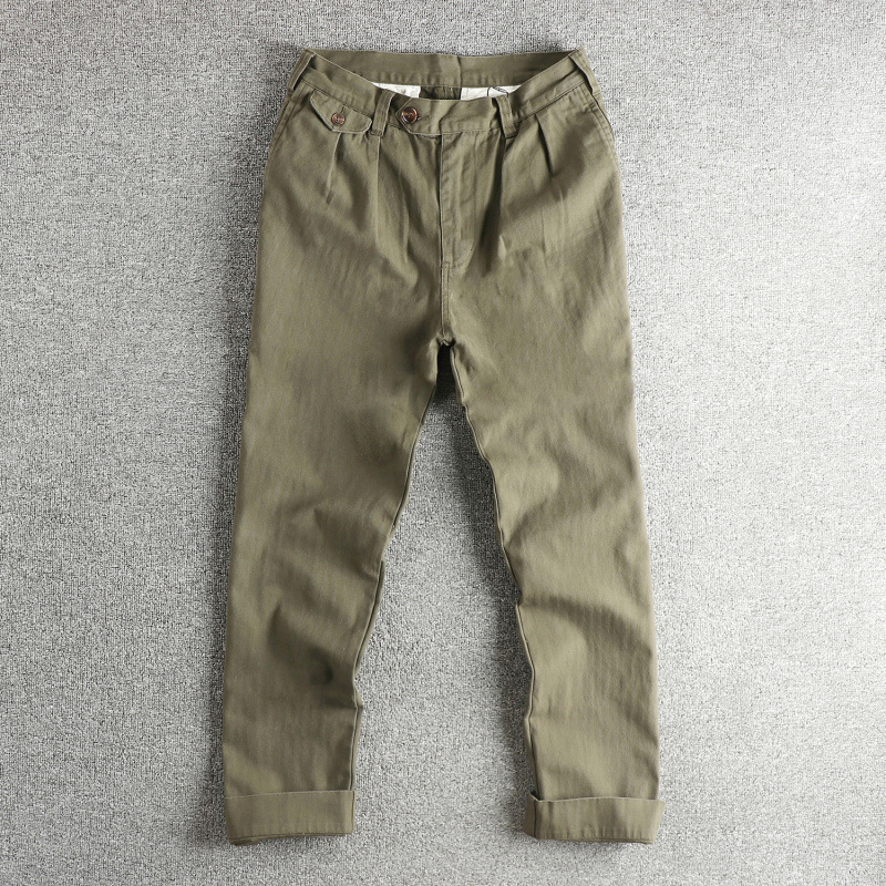 Fishbone Pattern Woven Cotton Fabric Pleated Design Retro Trendy Men's Casual Pants Loose Straight Trendy Cargo Pants