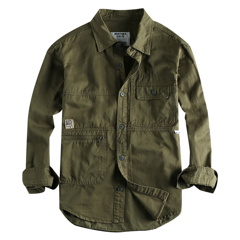 Heavy Washed Distressed Retro Simple Men's Work Shirt Long-sleeved Three-dimensional Cut Loose All-match Fashionable Youth Jacket