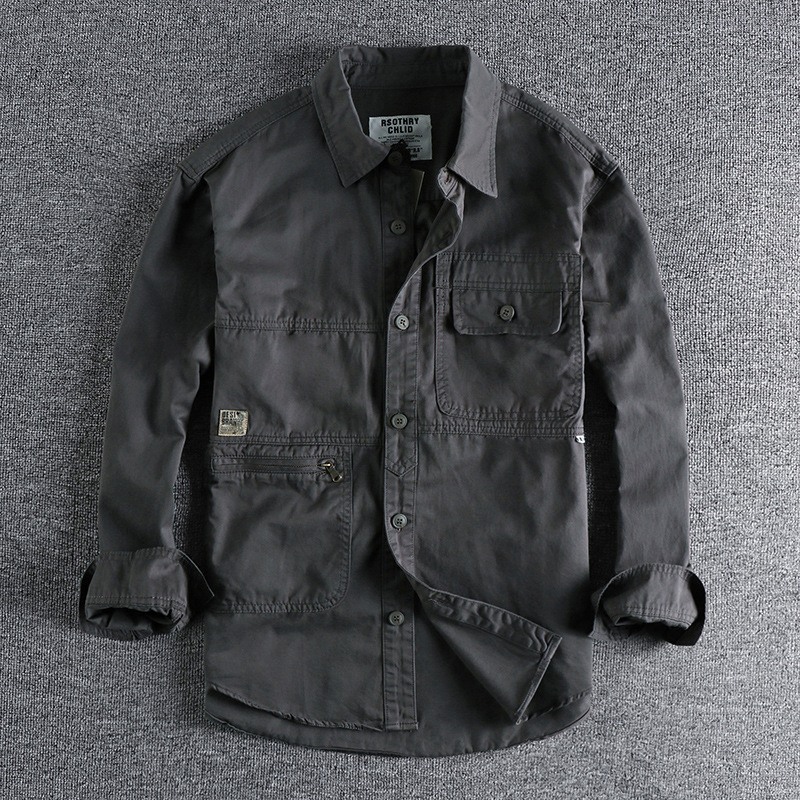 Heavy Washed Distressed Retro Simple Men's Work Shirt Long-sleeved Three-dimensional Cut Loose All-match Fashionable Youth Jacket