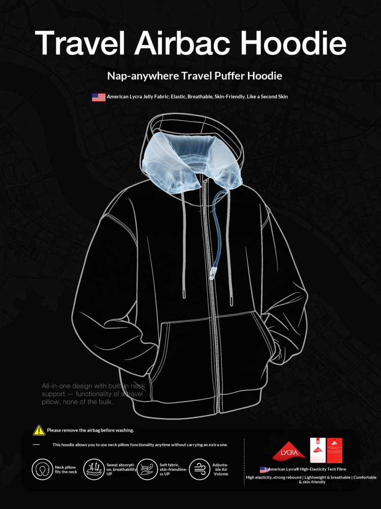 GorgeousBen Men’s 350G Lycra Travel Airbag Hoodie, Thickened Loose Fit Zip-Up Sweatshirt for Winter Casual Streetwear, Sizes S-XXL