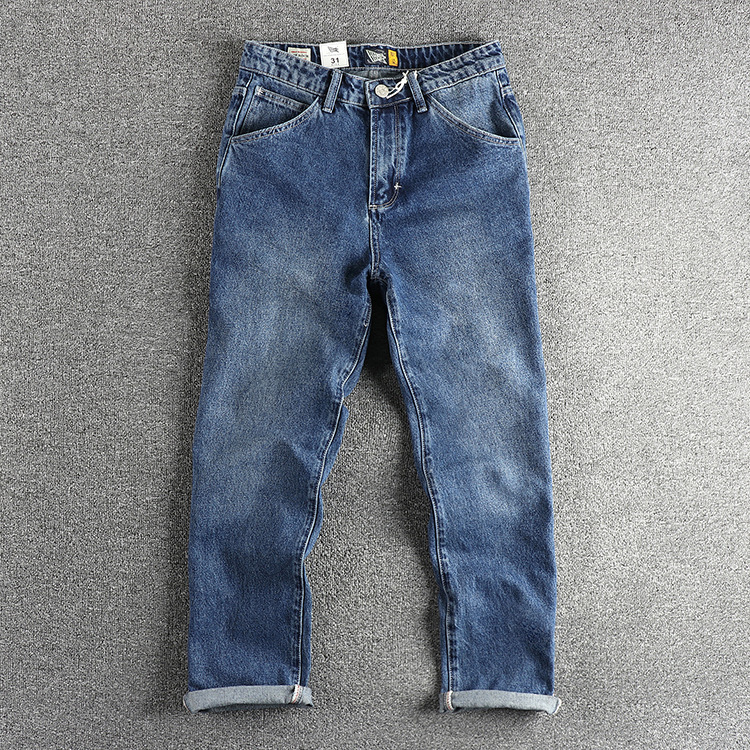 New High-end Foreign Trade Water-washed Blue Jeans Men's American Style Casual Retro Trendy Straight Non-elastic Youth Long Pants