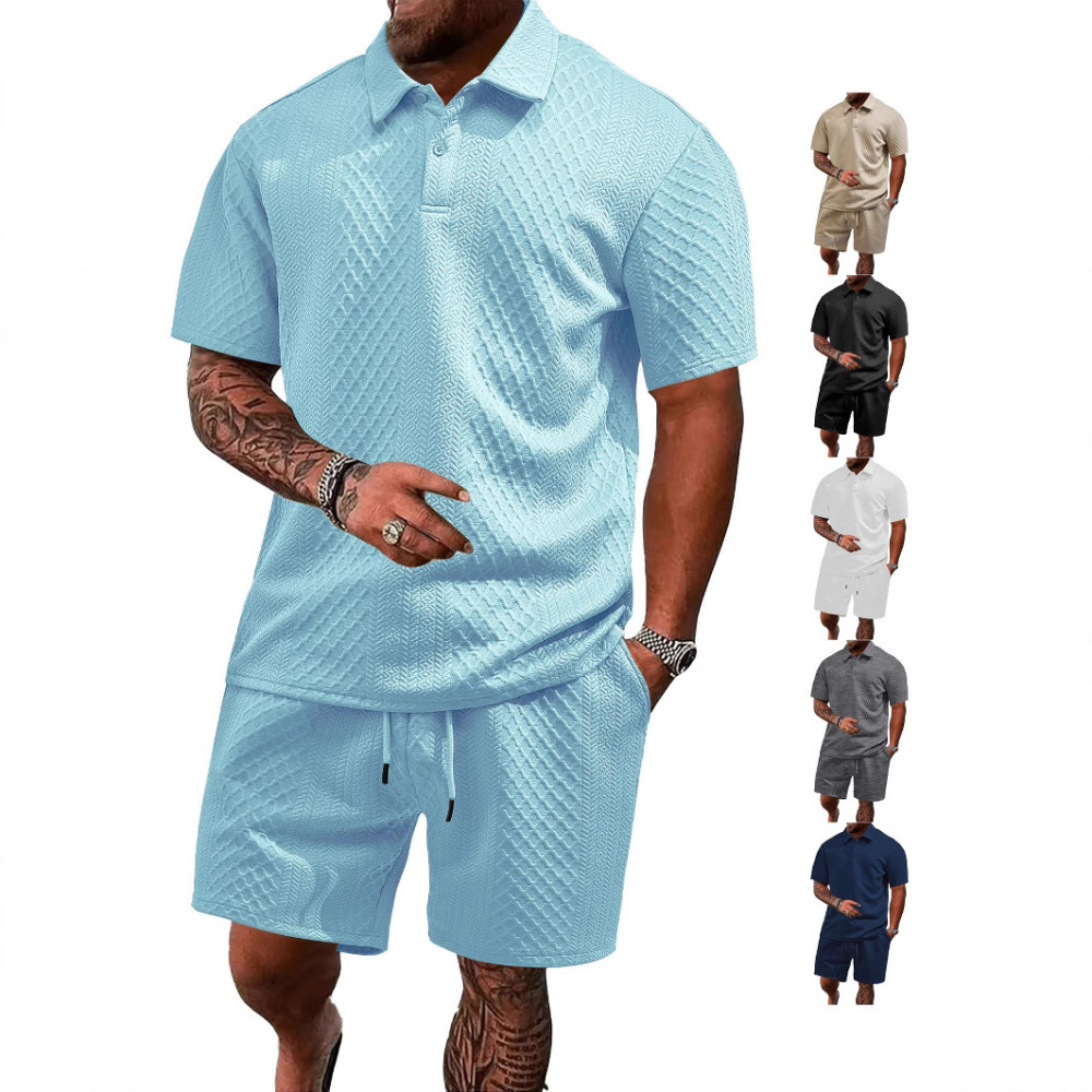New European and American Cross-Border Men's Jacquard Fabric Polo Summer Thin Plaid Casual Sports Short-Sleeved Suit for Men