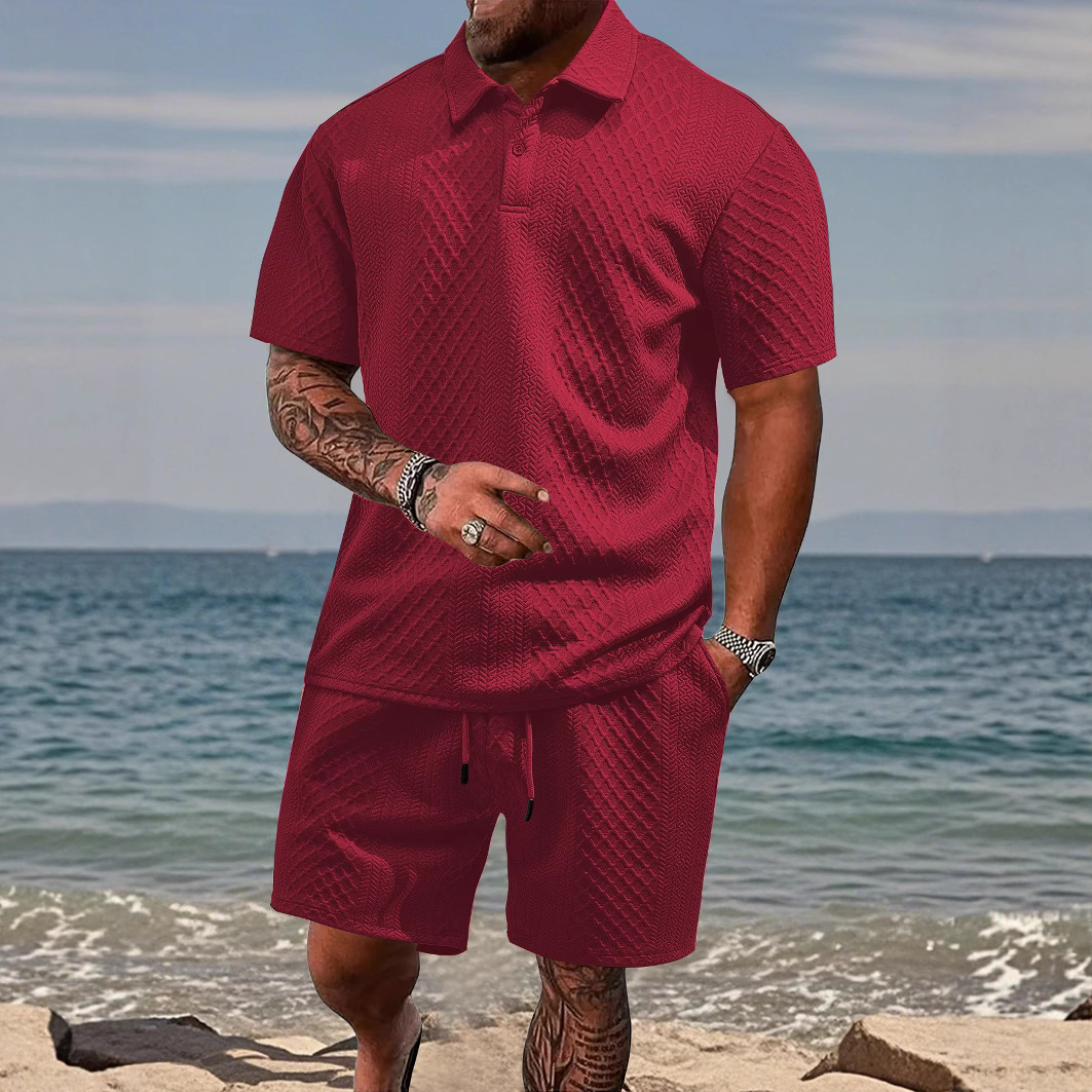 New European and American Cross-Border Men's Jacquard Fabric Polo Summer Thin Plaid Casual Sports Short-Sleeved Suit for Men
