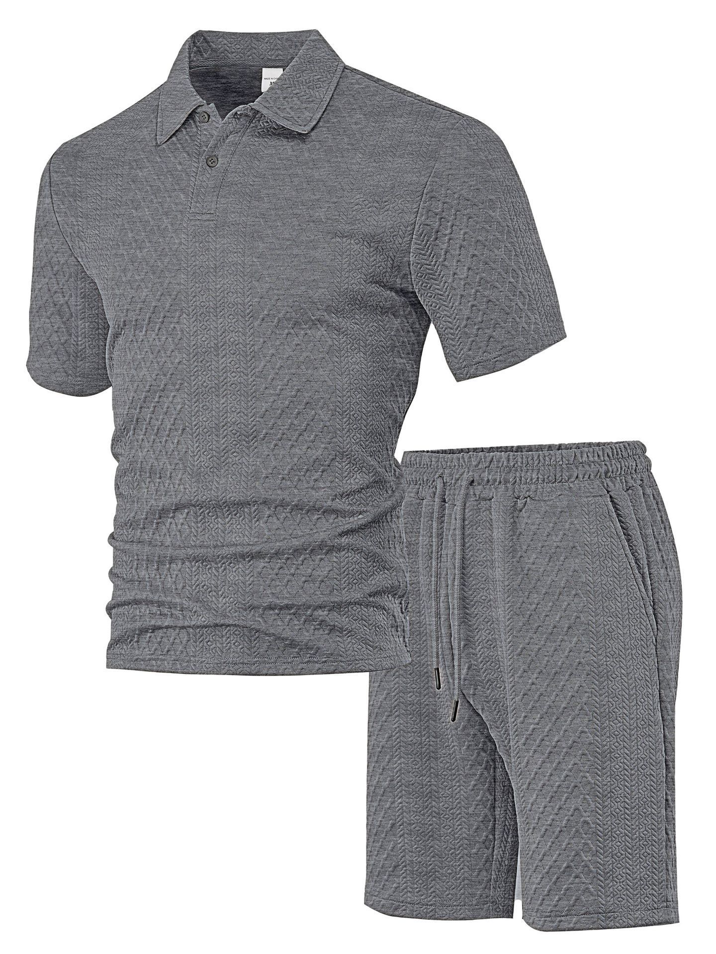 New European and American Cross-Border Men's Jacquard Fabric Polo Summer Thin Plaid Casual Sports Short-Sleeved Suit for Men