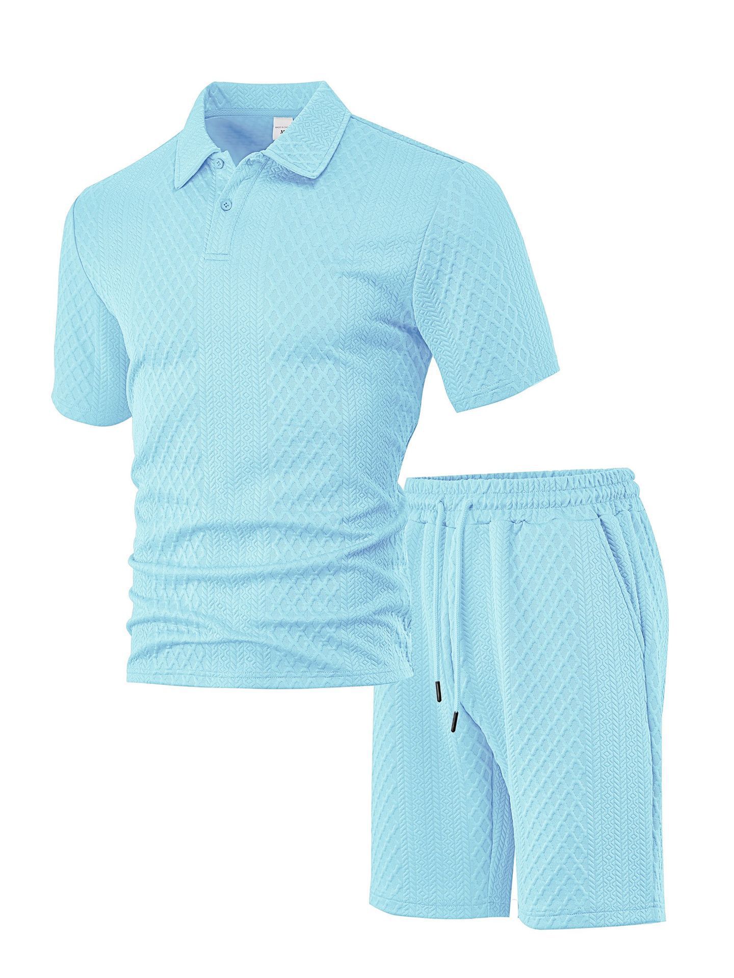 New European and American Cross-Border Men's Jacquard Fabric Polo Summer Thin Plaid Casual Sports Short-Sleeved Suit for Men