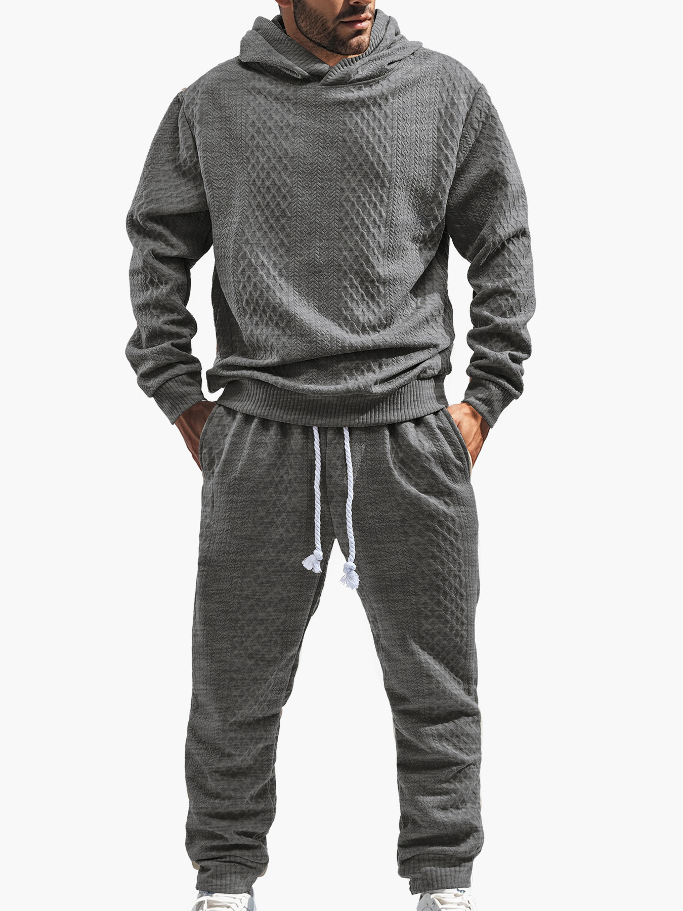 Cross-border TK European and american style men's clothing spring and autumn loose leisure sports long-sleeved trousers large size jacquard hooded sweater set
