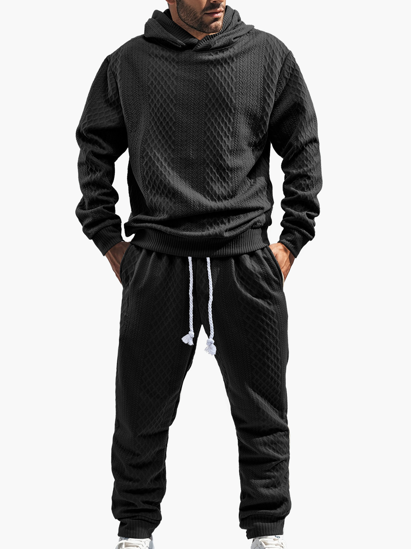 Cross-border TK European and american style men's clothing spring and autumn loose leisure sports long-sleeved trousers large size jacquard hooded sweater set