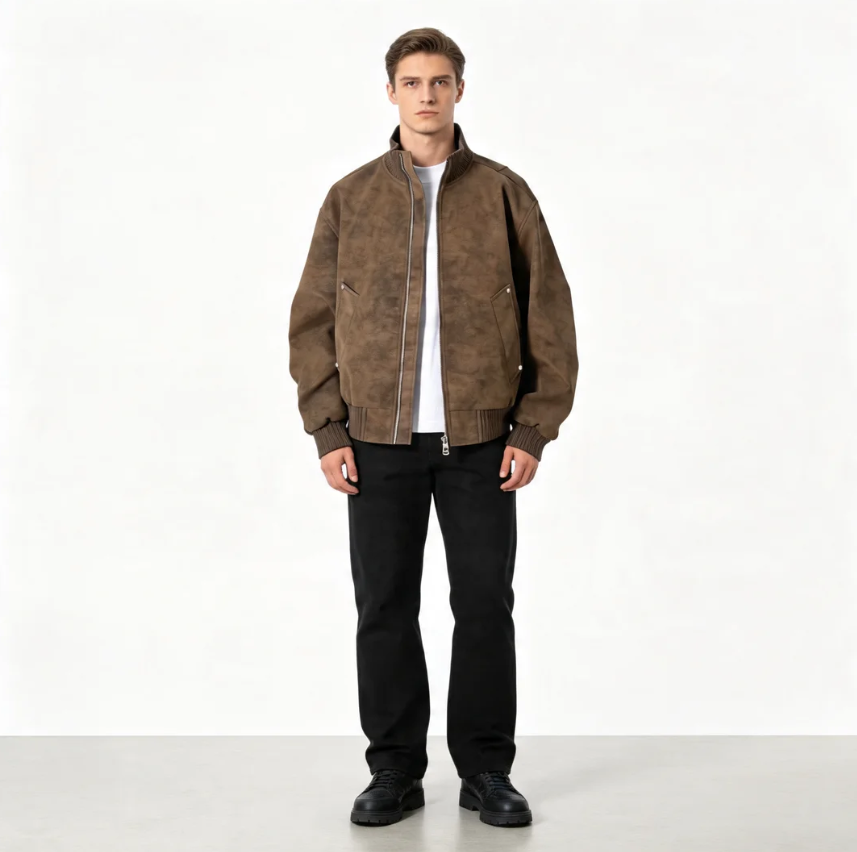 GorgeousBen Men’s Vintage PU Leather Bomber Jacket, Loose Fit Windproof Casual Coat with Ribbed Cuffs, for Spring Autumn, S-5XL