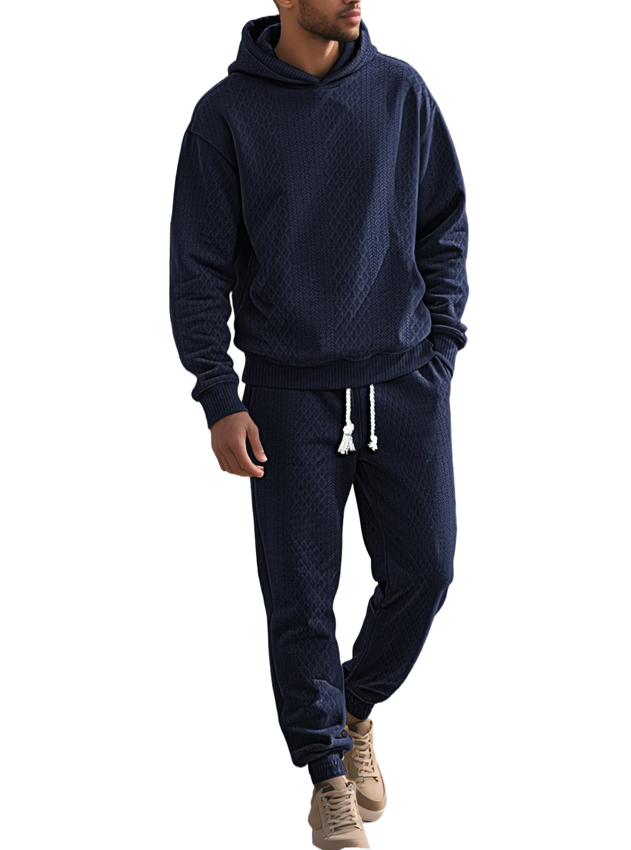 Cross-border TK European and american style men's clothing spring and autumn loose leisure sports long-sleeved trousers large size jacquard hooded sweater set