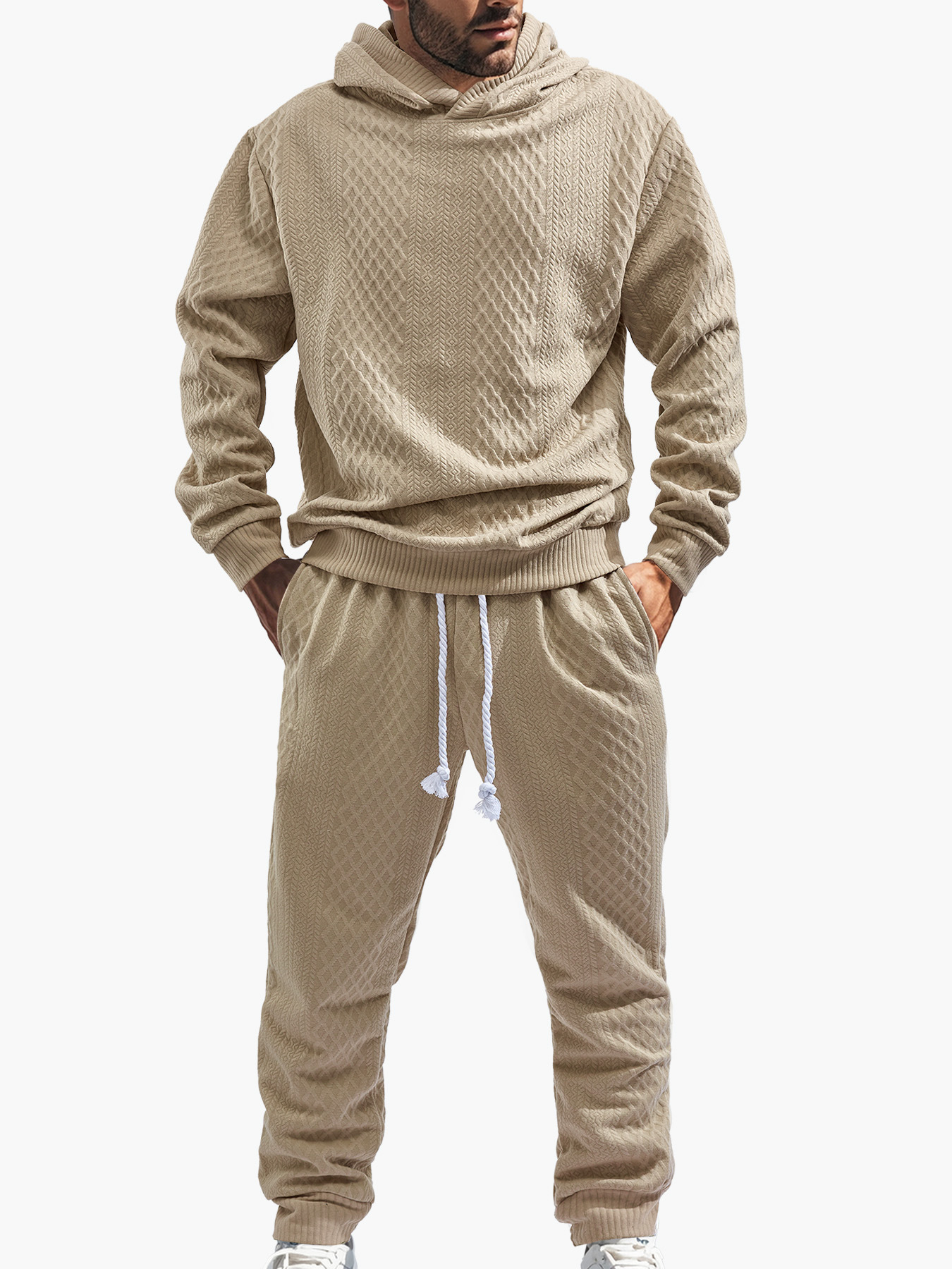 Cross-border TK European and american style men's clothing spring and autumn loose leisure sports long-sleeved trousers large size jacquard hooded sweater set