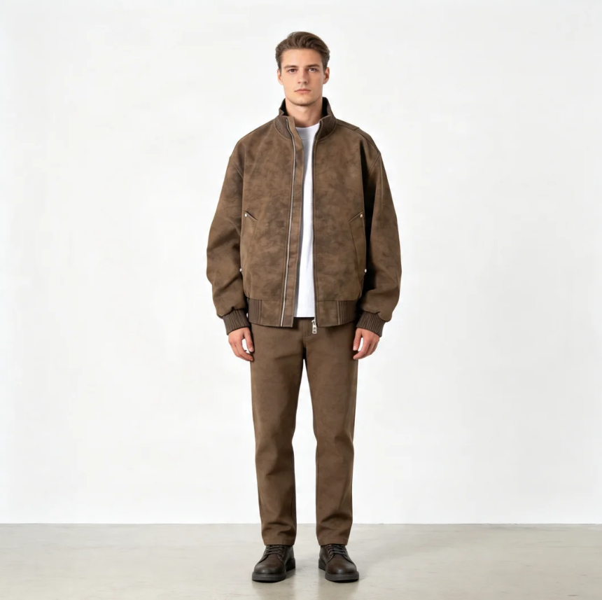 GorgeousBen Men’s Vintage PU Leather Bomber Jacket, Loose Fit Windproof Casual Coat with Ribbed Cuffs, for Spring Autumn, S-5XL