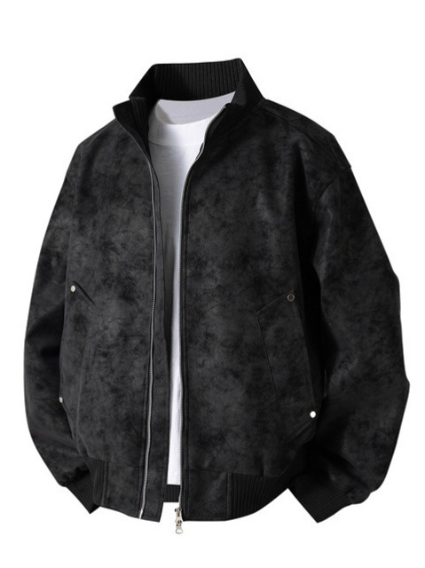 GorgeousBen Men’s Vintage PU Leather Bomber Jacket, Loose Fit Windproof Casual Coat with Ribbed Cuffs, for Spring Autumn, S-5XL