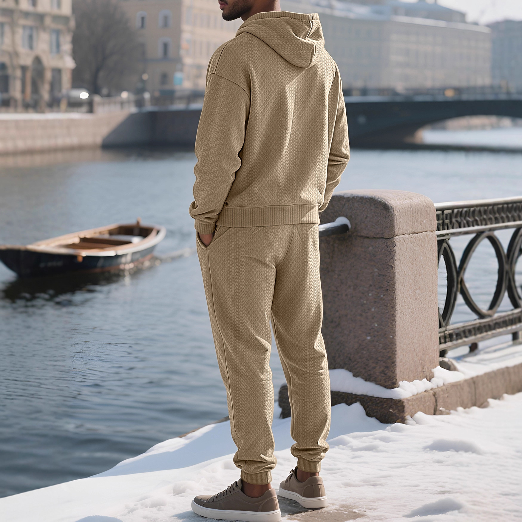 Cross-border TK European and american style men's clothing spring and autumn loose leisure sports long-sleeved trousers large size jacquard hooded sweater set