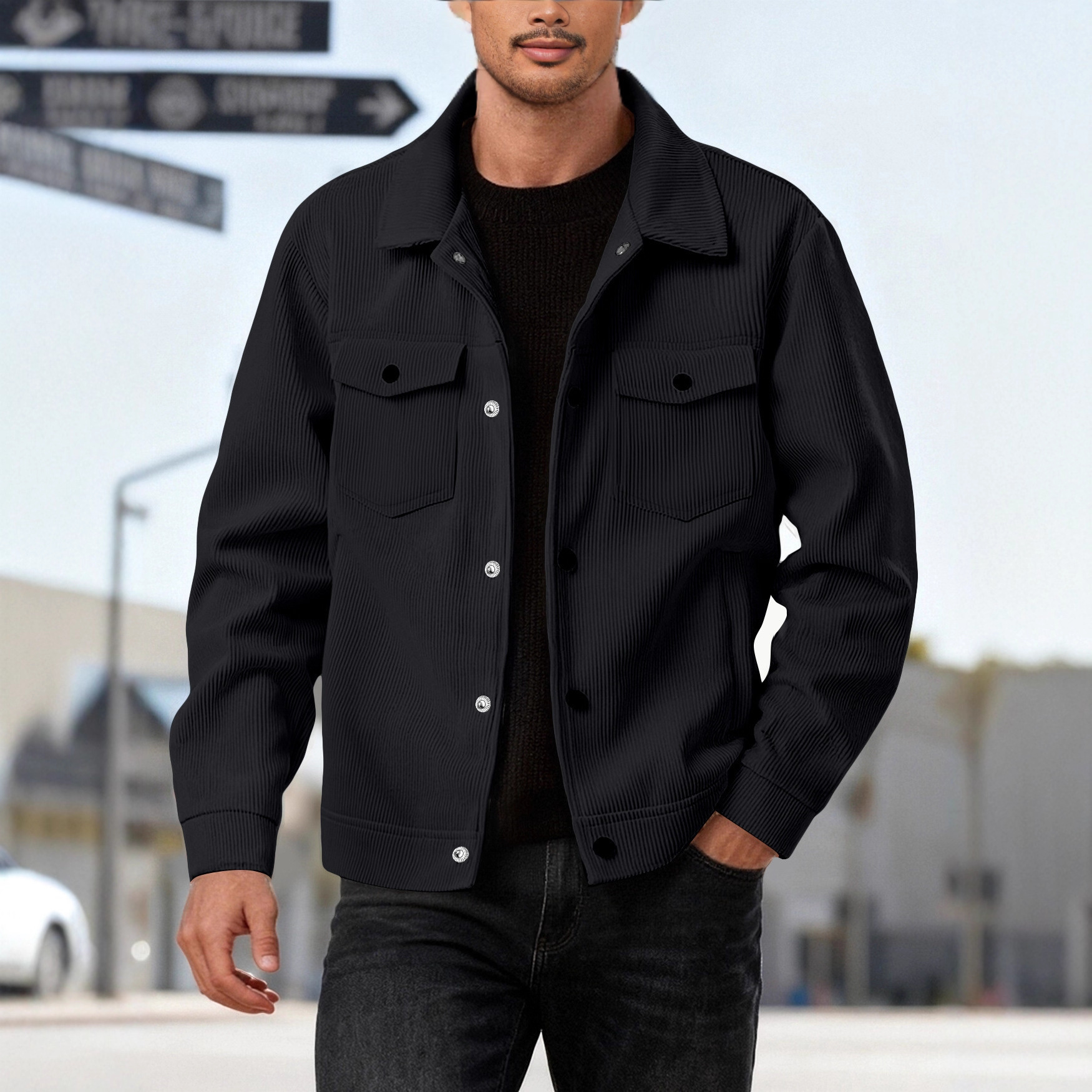 European and American Cross-Border Amazon Corduroy Single-Breasted Casual Collar Long-Sleeve Shirt Casual Sports Trendy Pocket Jacket for Men