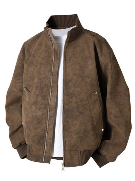 GorgeousBen Men’s Vintage PU Leather Bomber Jacket, Loose Fit Windproof Casual Coat with Ribbed Cuffs, for Spring Autumn, S-5XL