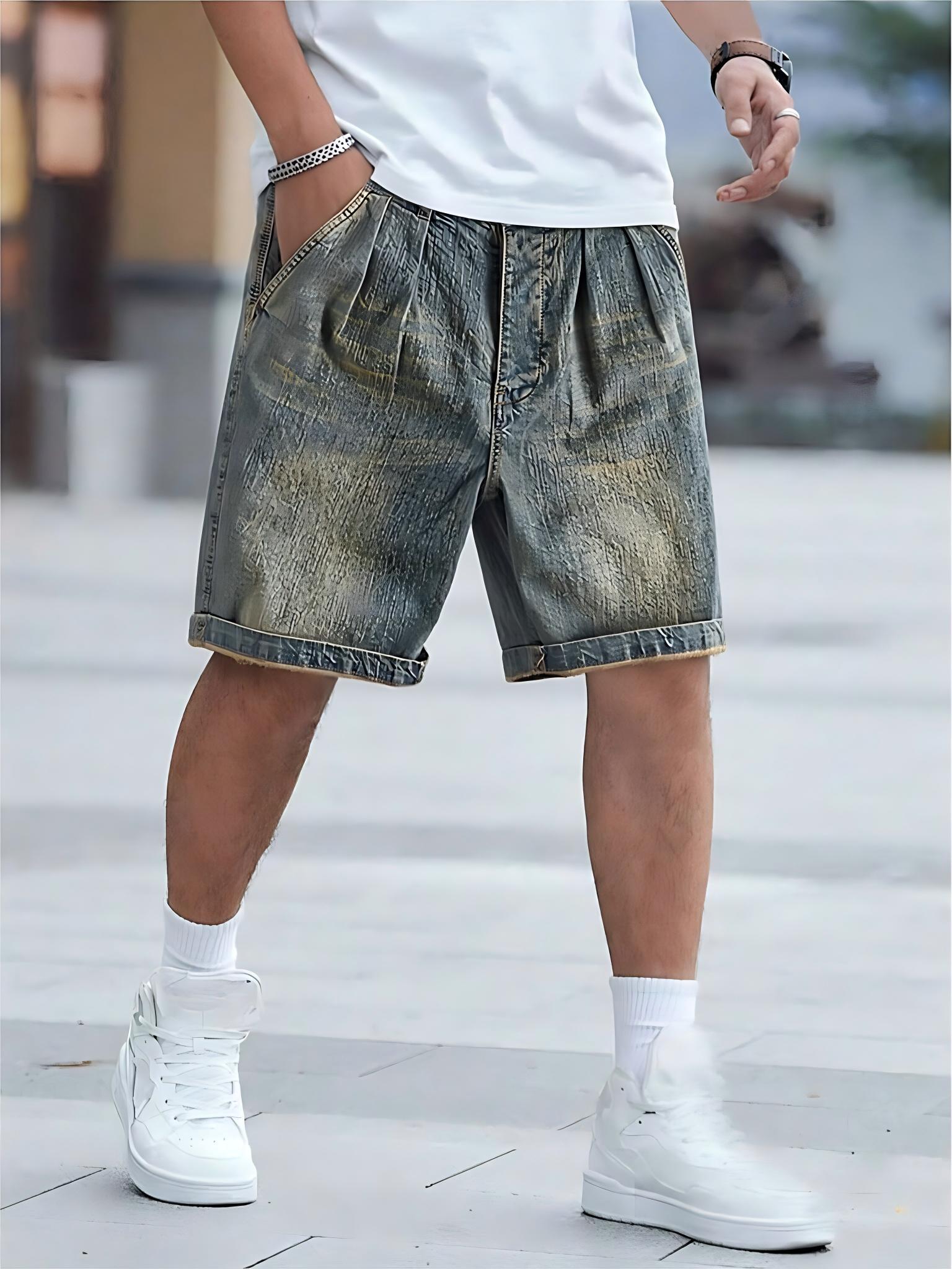 GorgeousBen Men's Vintage Washed Distressed Denim Shorts Three-Dimensional Cut Loose Straight Fit Five-Pocket Knee-Length
