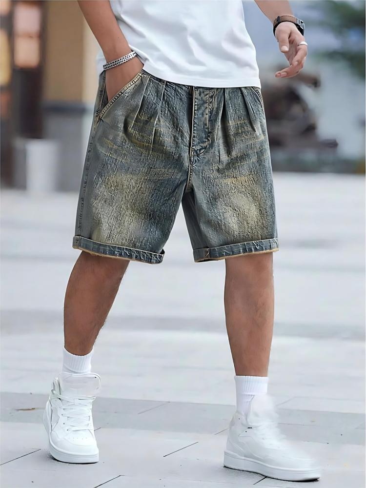 GorgeousBen Men's Vintage Washed Distressed Denim Shorts Three-Dimensional Cut Loose Straight Fit Five-Pocket Knee-Length