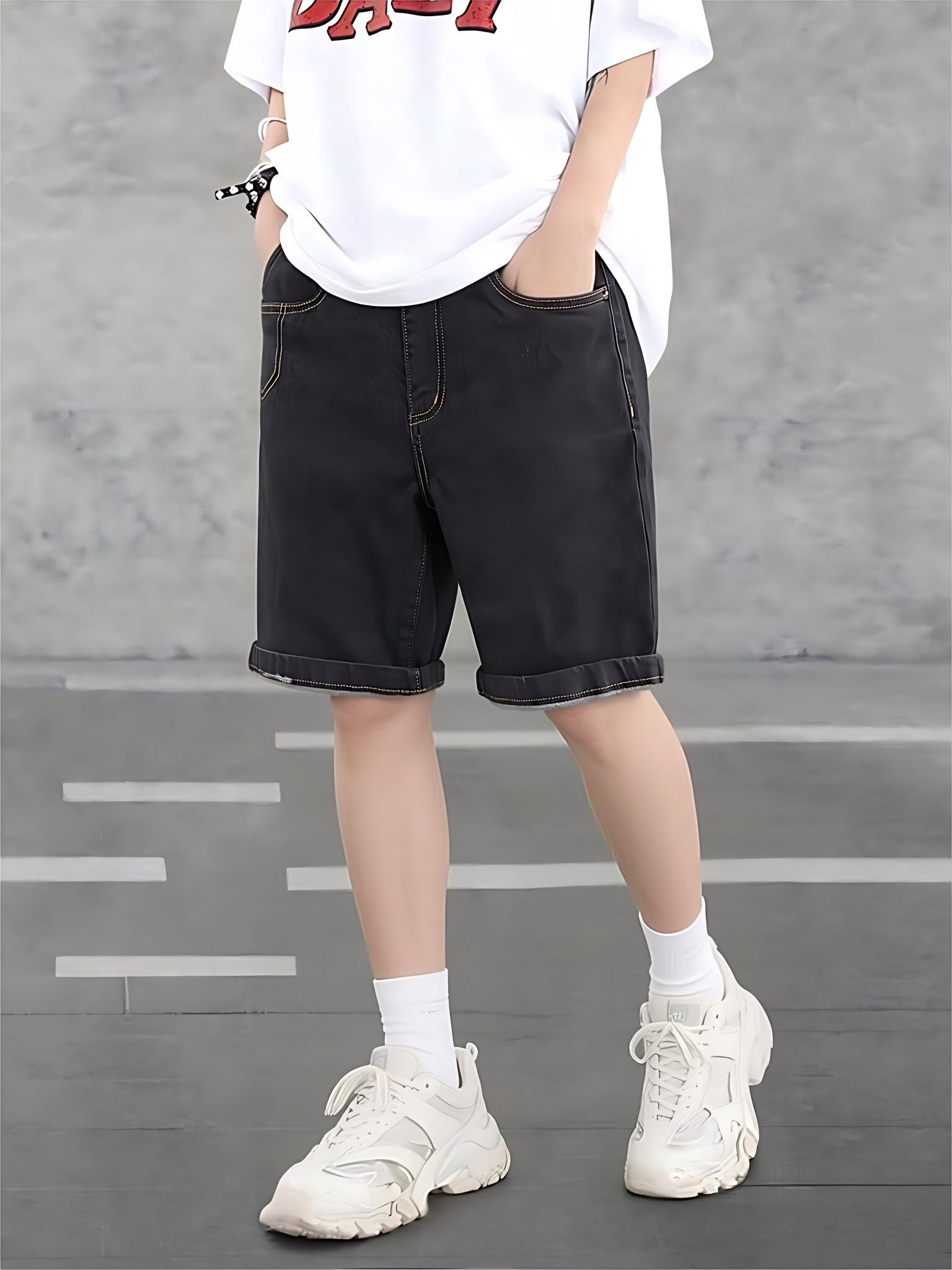 GorgeousBen Men's Minimalist Raw Denim Shorts Mid-Rise Knee-Length with Stitching Detailing Summer Fashion