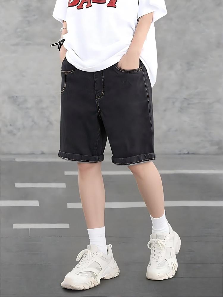 GorgeousBen Men's Minimalist Raw Denim Shorts Mid-Rise Knee-Length with Stitching Detailing Summer Fashion