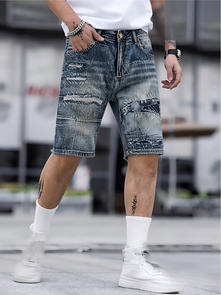 GorgeousBen Men's Summer New Arrival Denim Shorts Ripped Relaxed Straight Multi-pockets Knee Length Loose Fit
