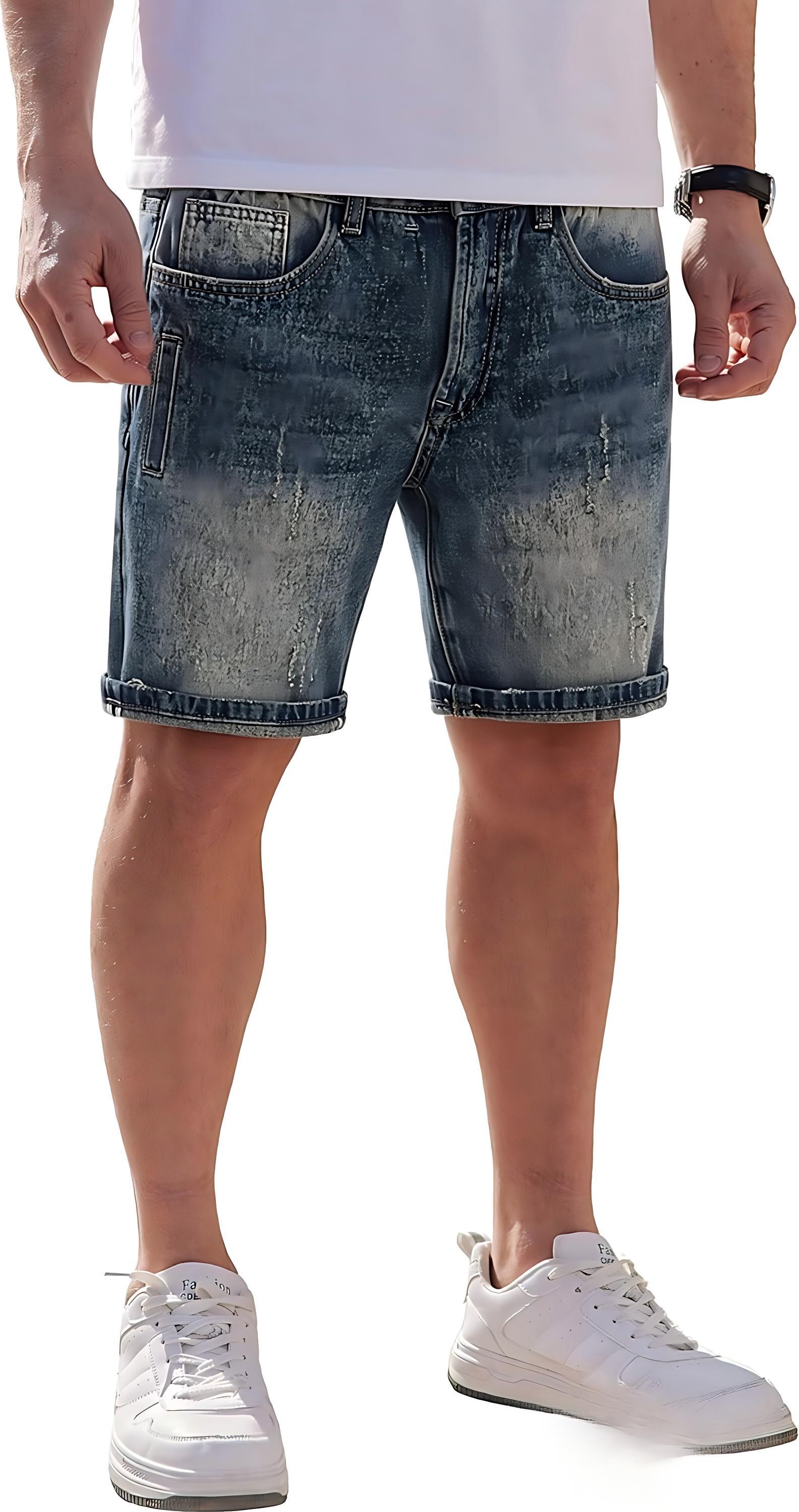 GorgeousBen Men's Summer Heavy Duty Vintage Distressed Indigo Denim Shorts Whiskering American Trendy Knee Length