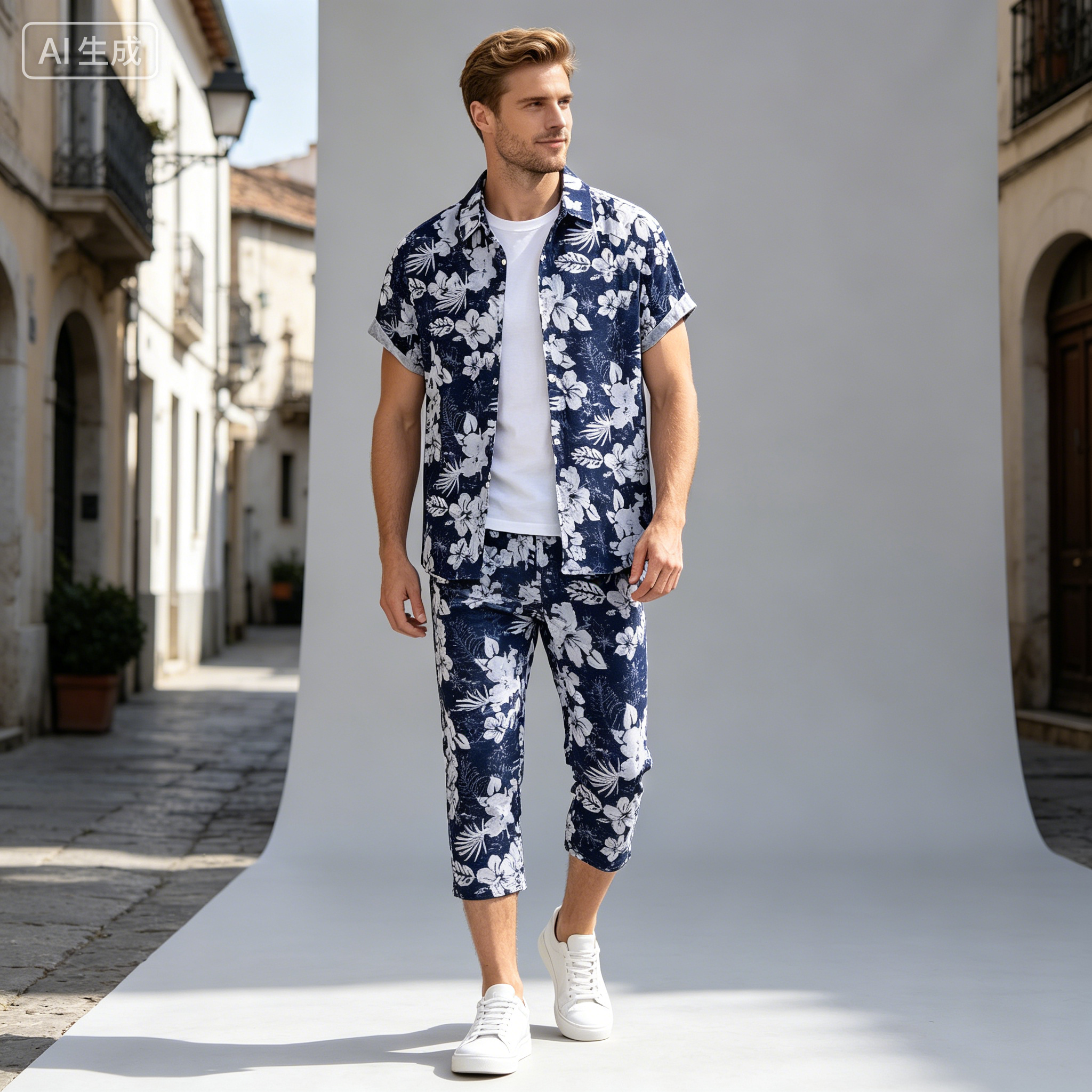 GorgeousBen New Men's Short Sleeve Shirt 3D Digital Print Fashion Trendy Casual Turn-Down Collar Floral Shirt