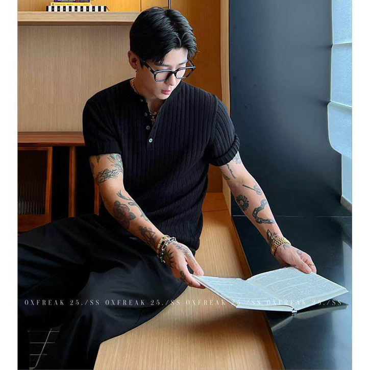 Knitted Short-Sleeve T-Shirt for Men, Henley Collar, Slim Fit, Solid Color, Old Money Style, Ice Silk, Summer, Cross-Border Factory Wholesale