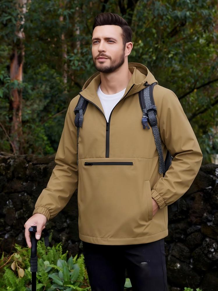 Men's Hooded Windproof Jacket, GorgeousBen, Casual Fashion, Half-Zip, Regular Fit, Autumn Daily Wear