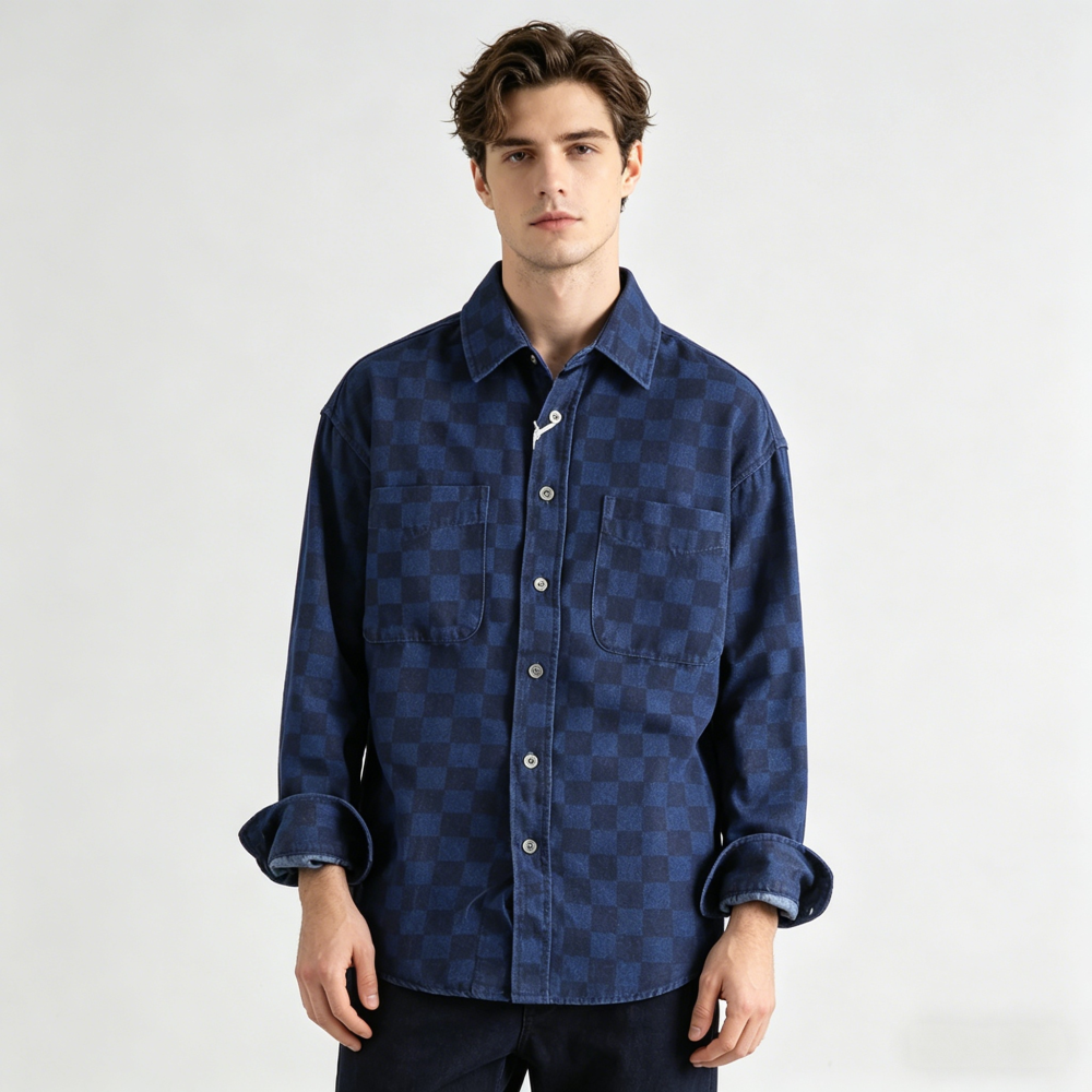 GorgeousBen New Arrival American Retro Streetwear Plaid Denim Shirt Loose Fit Unisex Spring Autumn Lightweight Versatile Outerwear