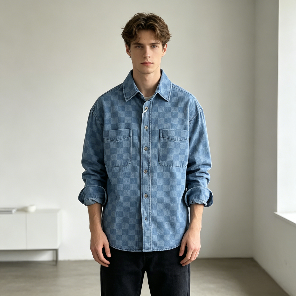 GorgeousBen New Arrival American Retro Streetwear Plaid Denim Shirt Loose Fit Unisex Spring Autumn Lightweight Versatile Outerwear