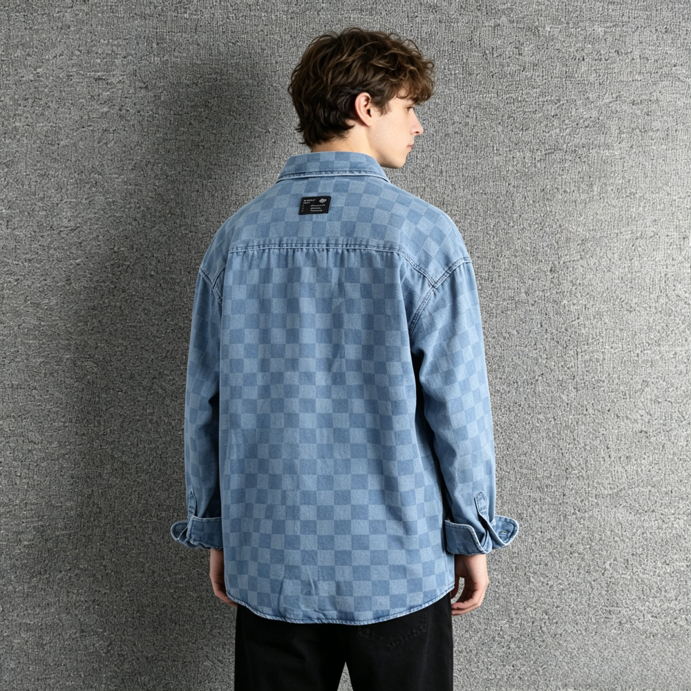 GorgeousBen New Arrival American Retro Streetwear Plaid Denim Shirt Loose Fit Unisex Spring Autumn Lightweight Versatile Outerwear