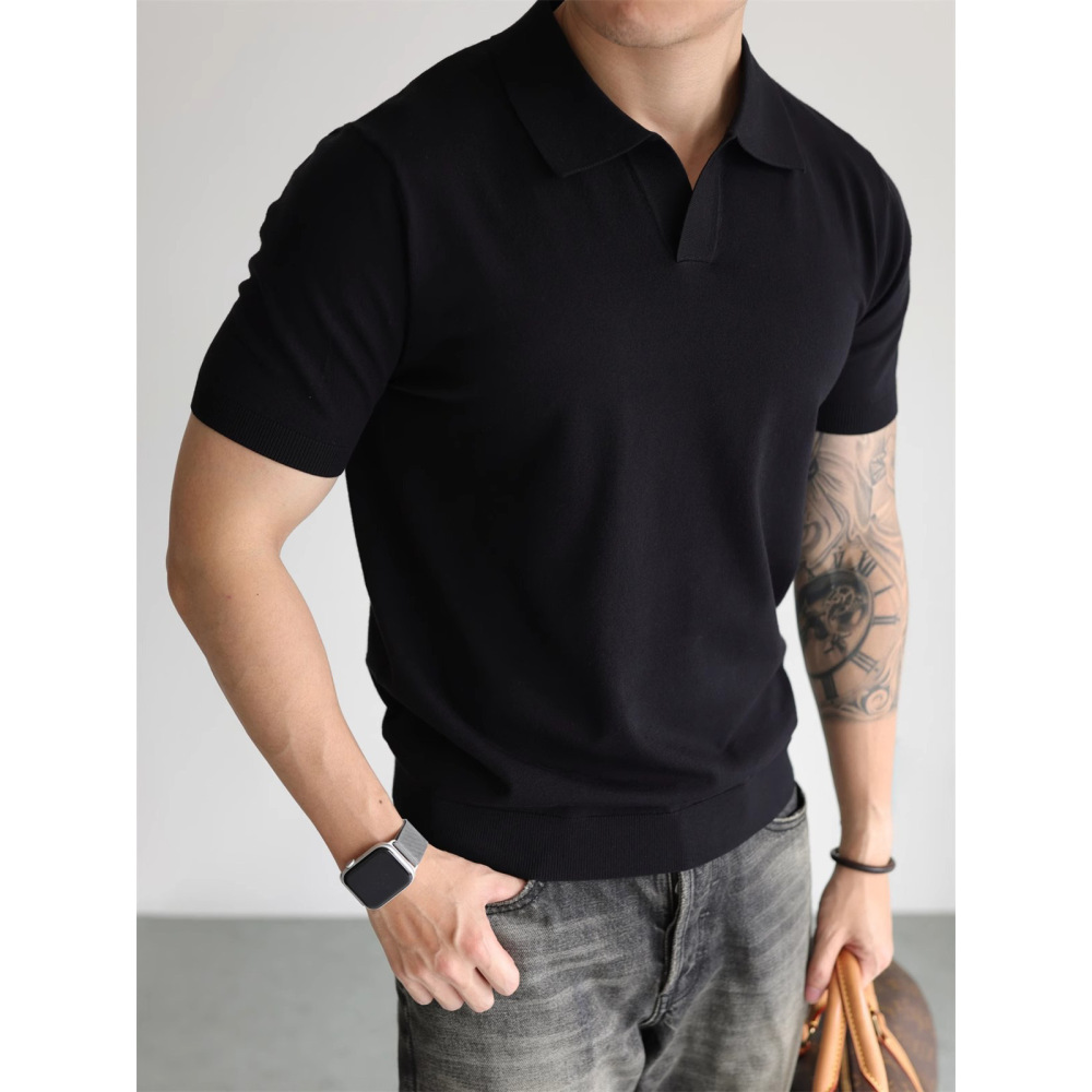 Polo Shirt V Neck Short-Sleeved Knitwear Men's Seagull Collar British Business Summer Ice Silk T-Shirt Trendy Export Cross-Border Wholesale