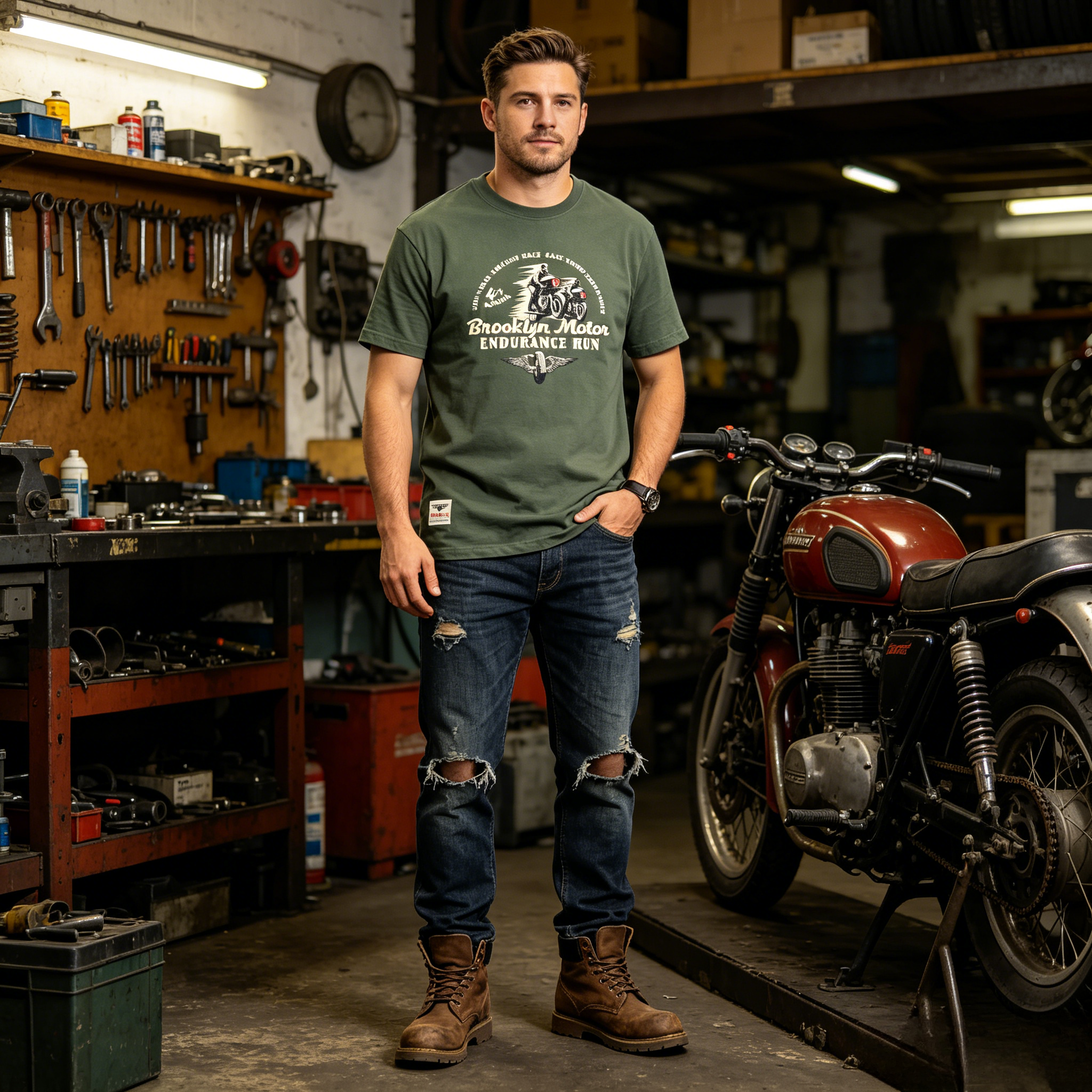 GorgeousBen Men's Vintage American Speed Motorcycle Graphic T-Shirt | Washed Brushed Cotton Summer Tee